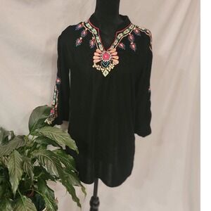 A&A Black Embroidered Boho Tunic Top 3/4 Sleeve Viscose Split Neck Small